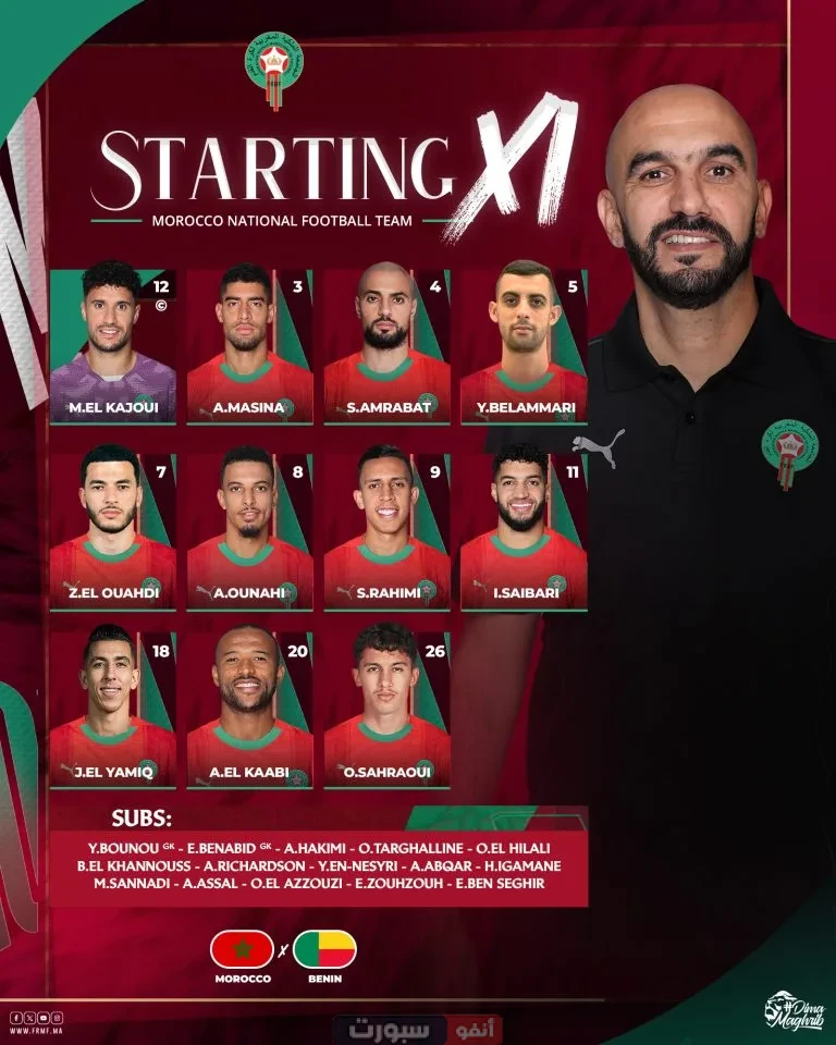 التشكيلة الرسمية للمنتخب المغربي لمواجهة بنين: تغييرات بارزة وفرصة للأسماء الجديدة