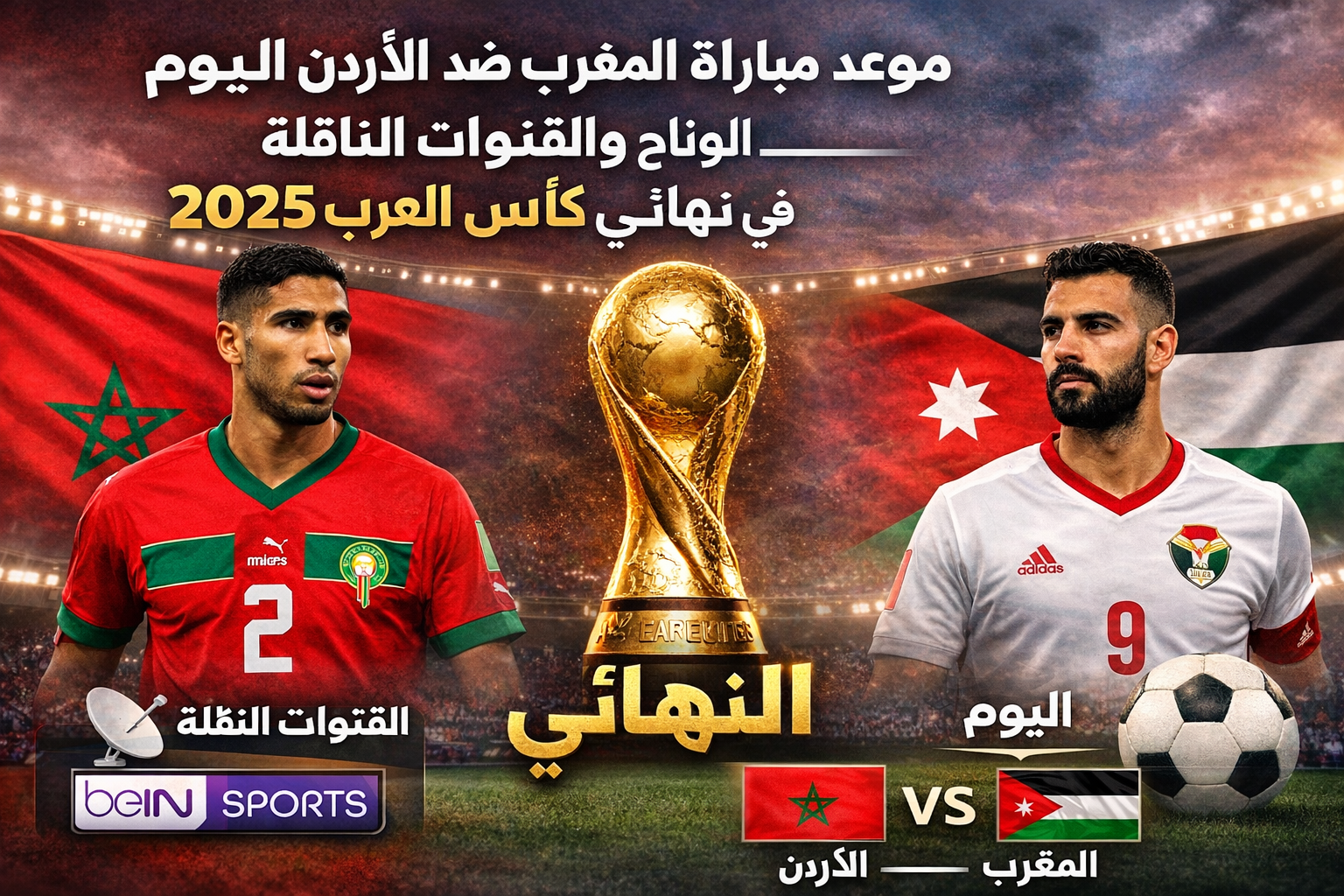 جميع القنوات المفتوحة الناقلة لمباراة المغرب ضد الأردن اليوم في نهائي كأس العرب 2025