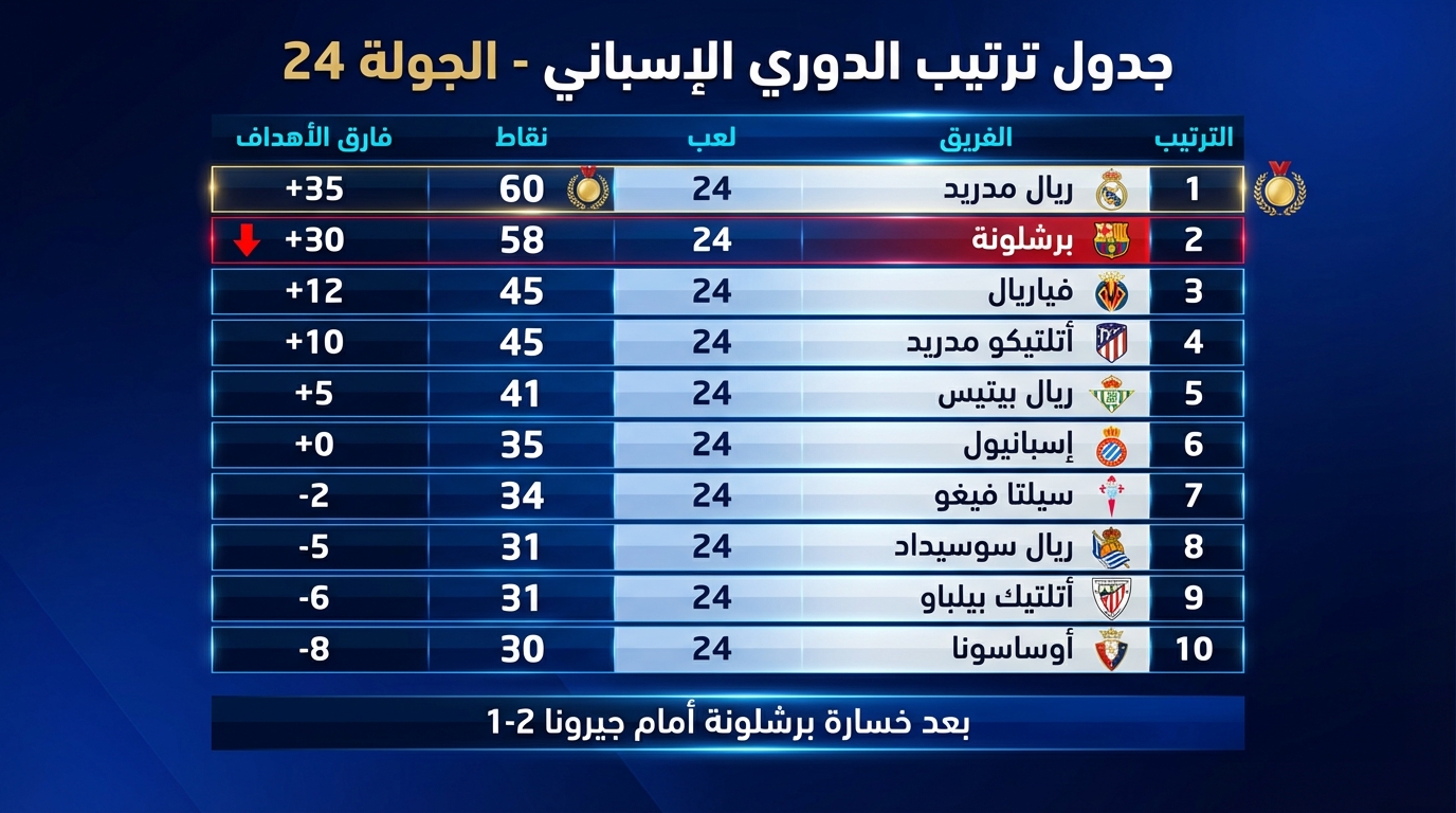 ترتيب الدوري الإسباني بعد خسارة برشلونة أمام جيرونا 1-2